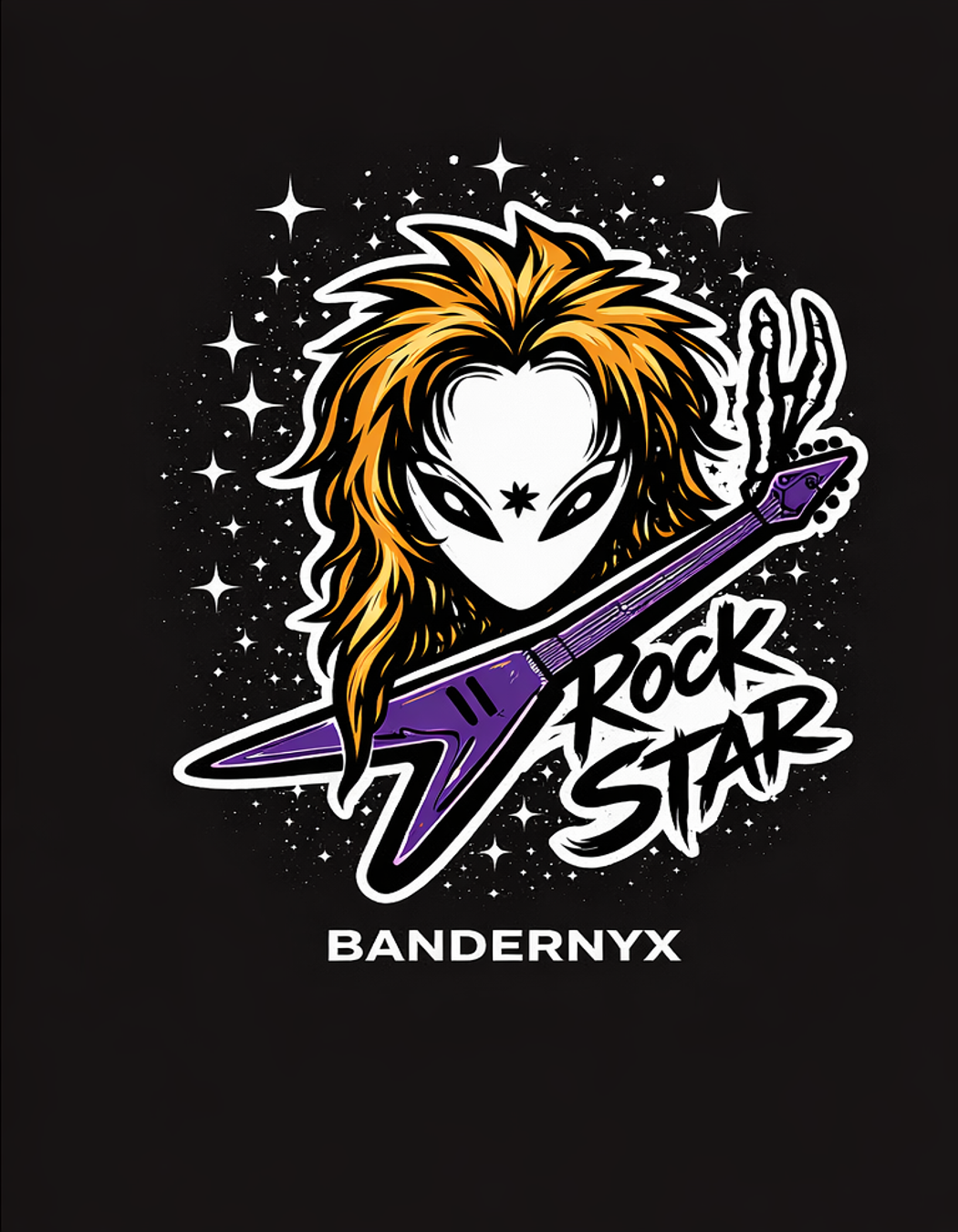 Alien playing a guitar with 'Rock Star' text and 'BANDERNYX' branding on a black background.